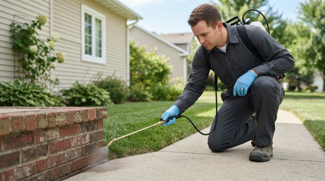 Pest control technician treating a home near Elmira, MI