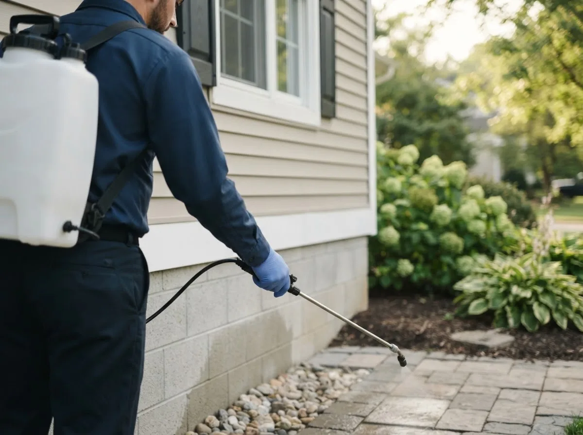 Pest control technician inspecting a home in Elmira, MI